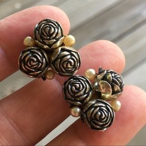 Vintage Earrings Silver Plated Roses & Faux Pearls